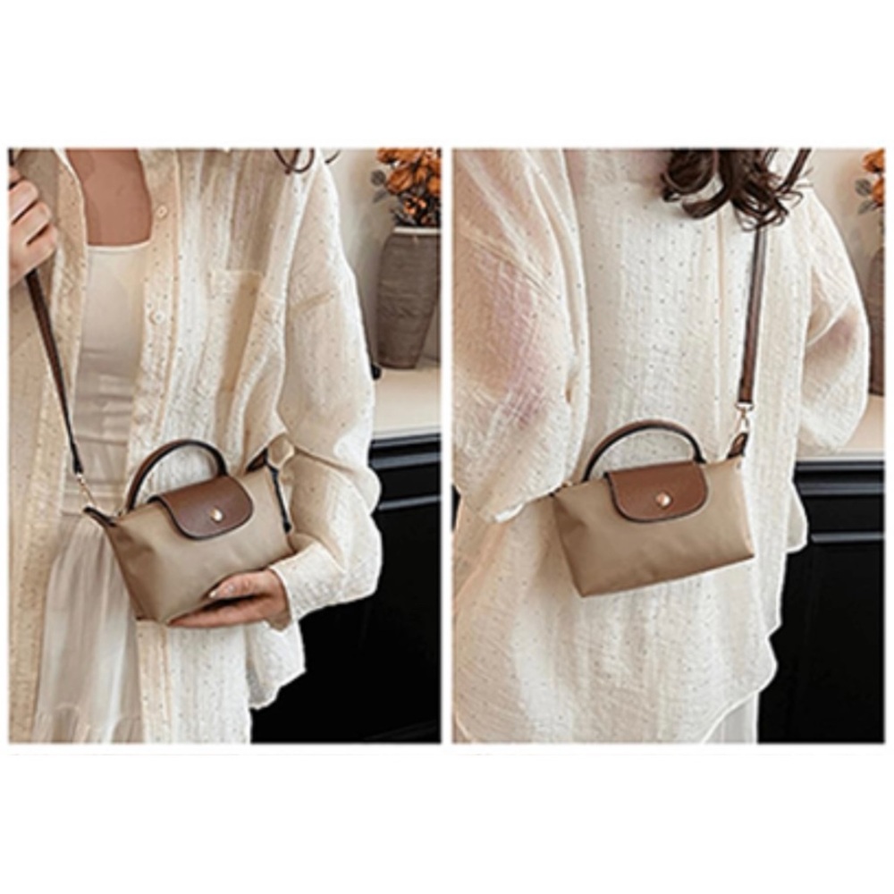 Tan nylon crossbody purse mini small top handle strap removable - Picture 3 of 9